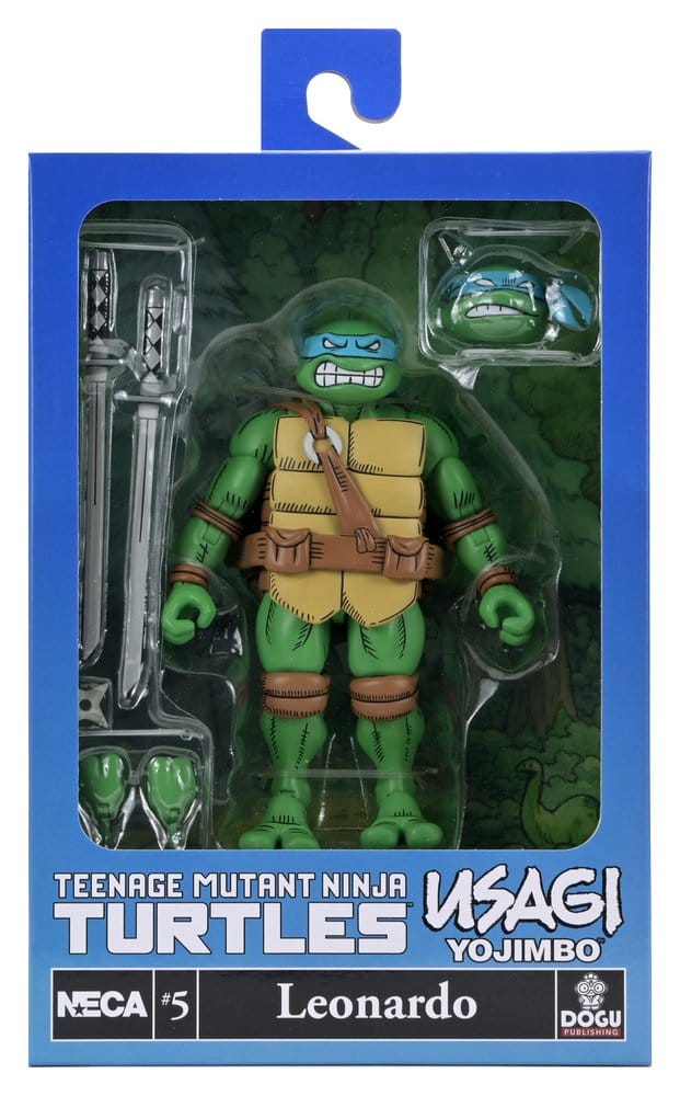 Figurine NECA TMNT x Usagi Yojimbo Ultimate Leonardo version comics, 18 cm, pose détaillée et accessoires visibles.
