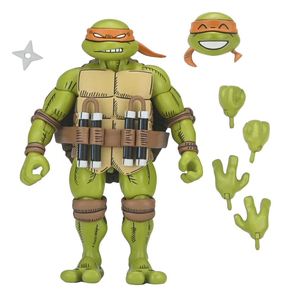 Figurine NECA de Michelangelo TMNT x Usagi Yojimbo Ultimate, version comic, 18 cm, détails colorés et pose dynamique.