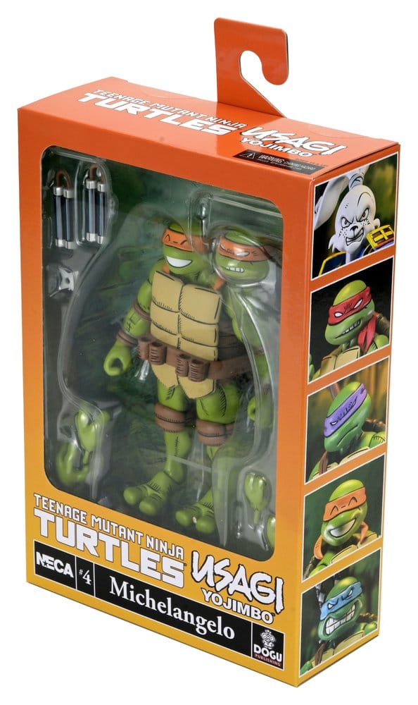 Figurine Neca Michelangelo Ultimate TMNT x Usagi Yojimbo, version Comic, 18 cm, pose détaillée et couleurs vives.