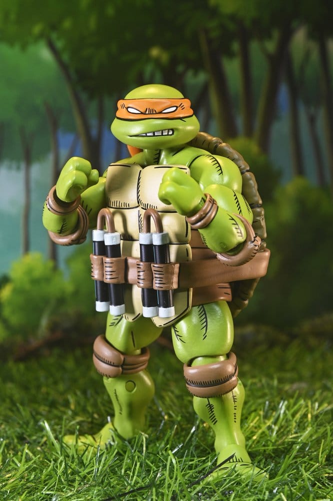 Figurine NECA Michelangelo TMNT x Usagi Yojimbo, version comics, 18 cm, figurine détaillée de ninja turtle avec accessoires.