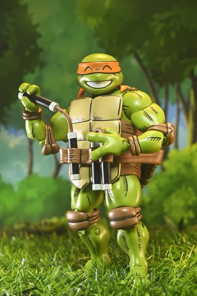 Figurine NECA Michelangelo TMNT x Usagi Yojimbo Ultimate, version comic, 18 cm, vue de face avec détails colorés et pose dynamique