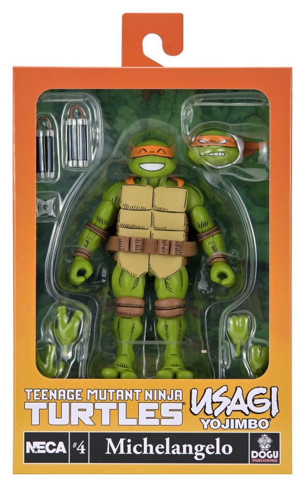 Figurine Neca TMNT x Usagi Yojimbo Ultimate Michelangelo de 18 cm, version comic, pose détaillée et style artistique.
