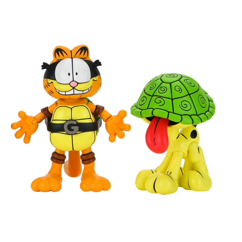 Figurines articulées Teenage Mutant Ninja Turtles et Garfield, pack de 2 Neca, Ultimate Garfello et Odie, 10 cm, détails colorés.