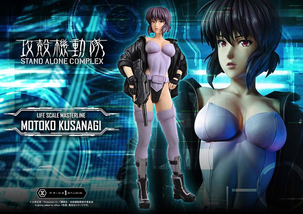 Statue de la figurine Ghost in the Shell: S.A.C. Motoko Kusanagi, taille 174 cm, de Prime 1 Studio, en pose détaillée.