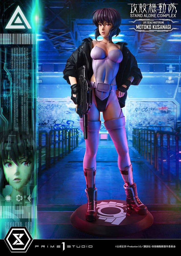 Statue de Motoko Kusanagi Ghost in the Shell S.A.C. en taille réelle, figurine Prime 1 Studio, 174 cm, détails artistiques.