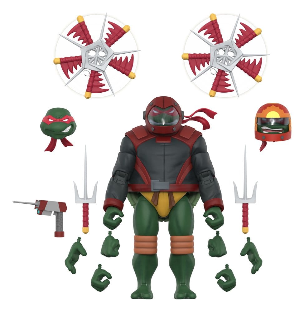 Figurine Raphael Teenage Mutant Ninja Turtles ULTIMATES! Super7, en tenue Road Gear, détail de la figurine de collection.