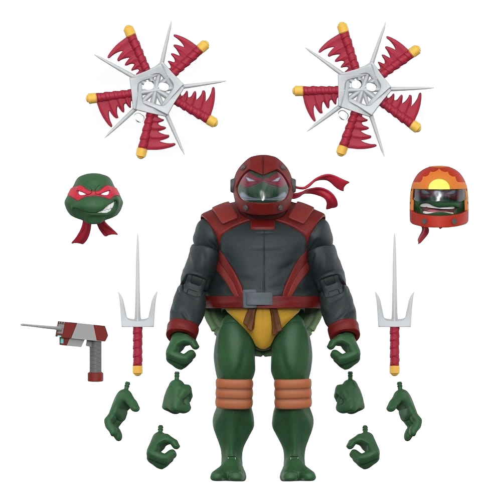 Figurine Super7 Teenage Mutant Ninja Turtles ULTIMATES! Raphael Road Gear, figurine détaillée de la tortue ninja en tenue de combat.