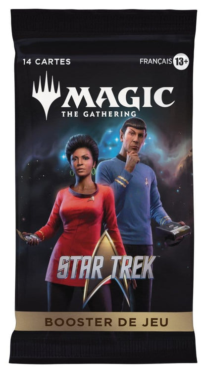 Présentoir de 30 boosters de jeu de cartes Magic the Gathering Star Trek, marque Wizards of the Coast, emballage coloré visible.